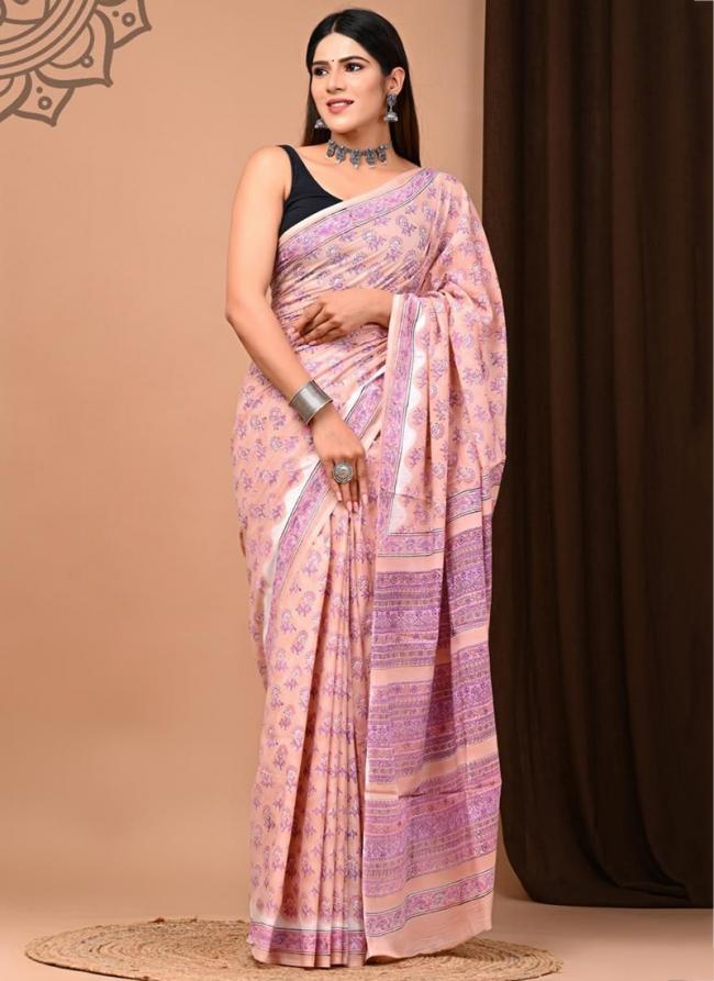 Cotton Mul Mul Light Pink Casual Wear Printed Saree